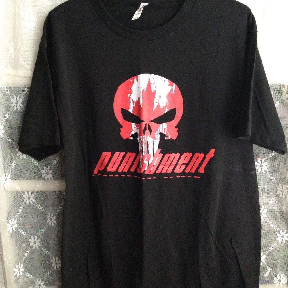 Black Graphic Tee with Canda Flag Red Skull 'Punishment' Print